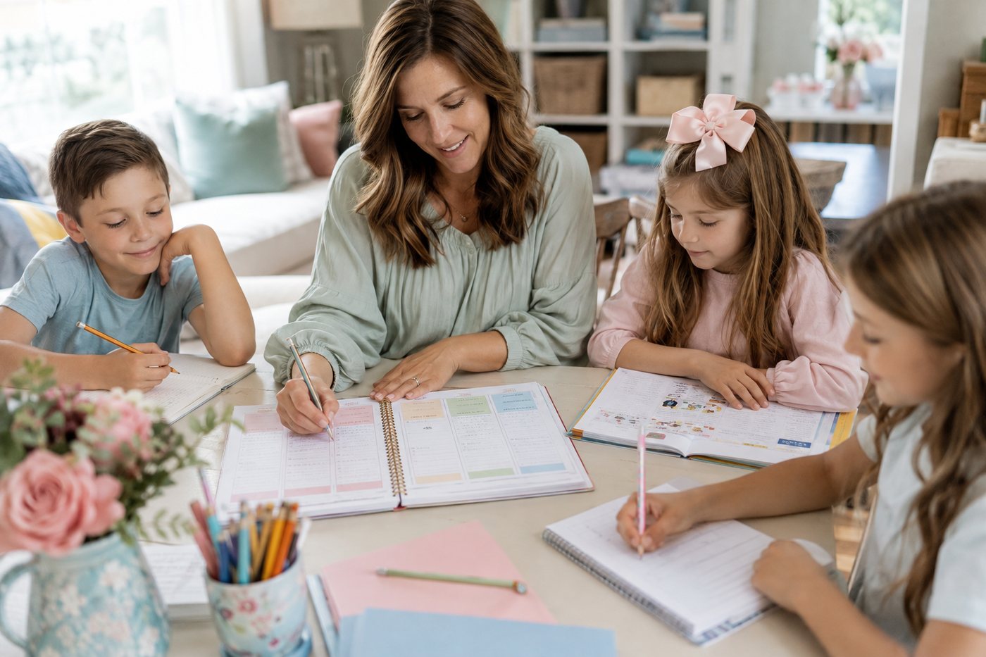A parent working through an open planner at the table with three children alongside.