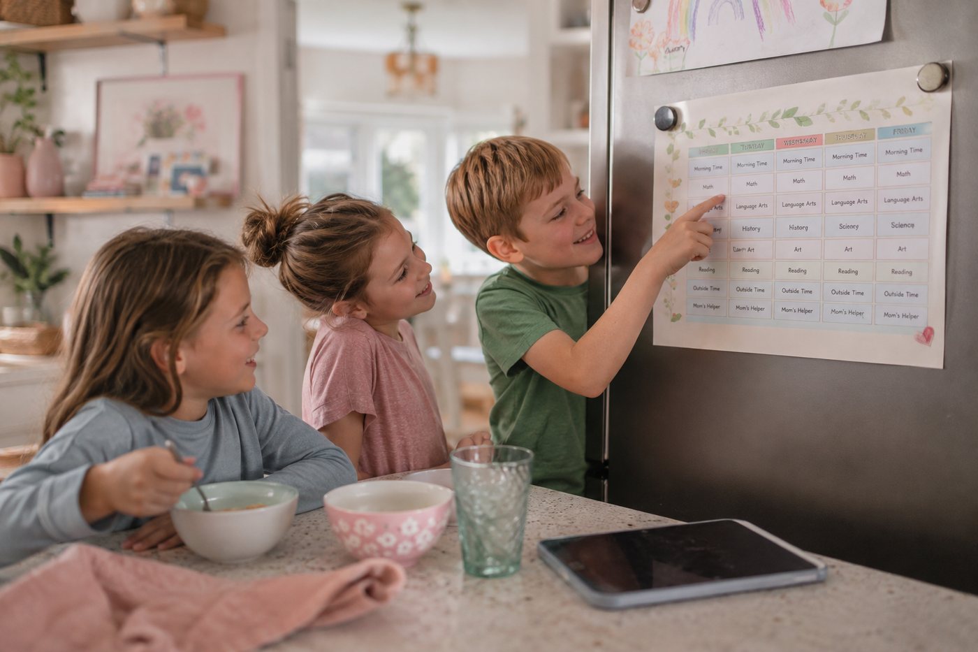 Three children at breakfast looking at the week's subjects pinned to the fridge.