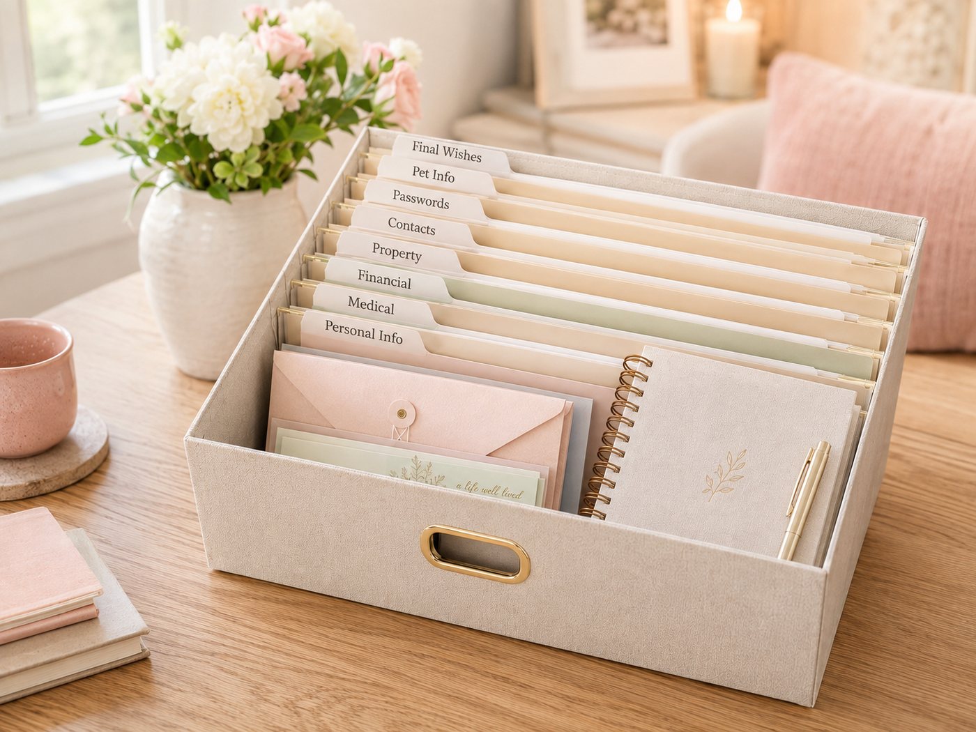 A labelled document box with dividers for personal, medical, financial, property and final wishes.