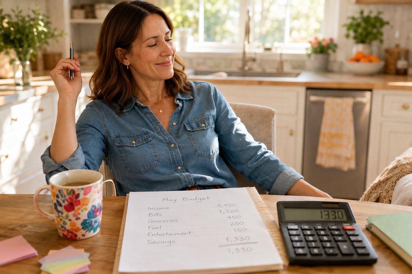 A handwritten monthly budget sheet beside a calculator showing the savings figure.