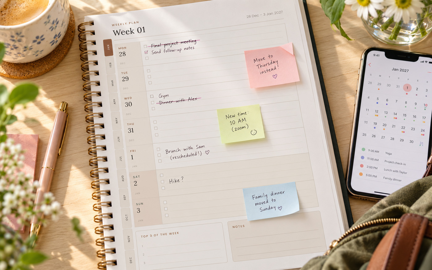 A weekly page with entries crossed out and rewritten, sticky notes moved onto different days, and a phone showing a rearranged calendar beside it.