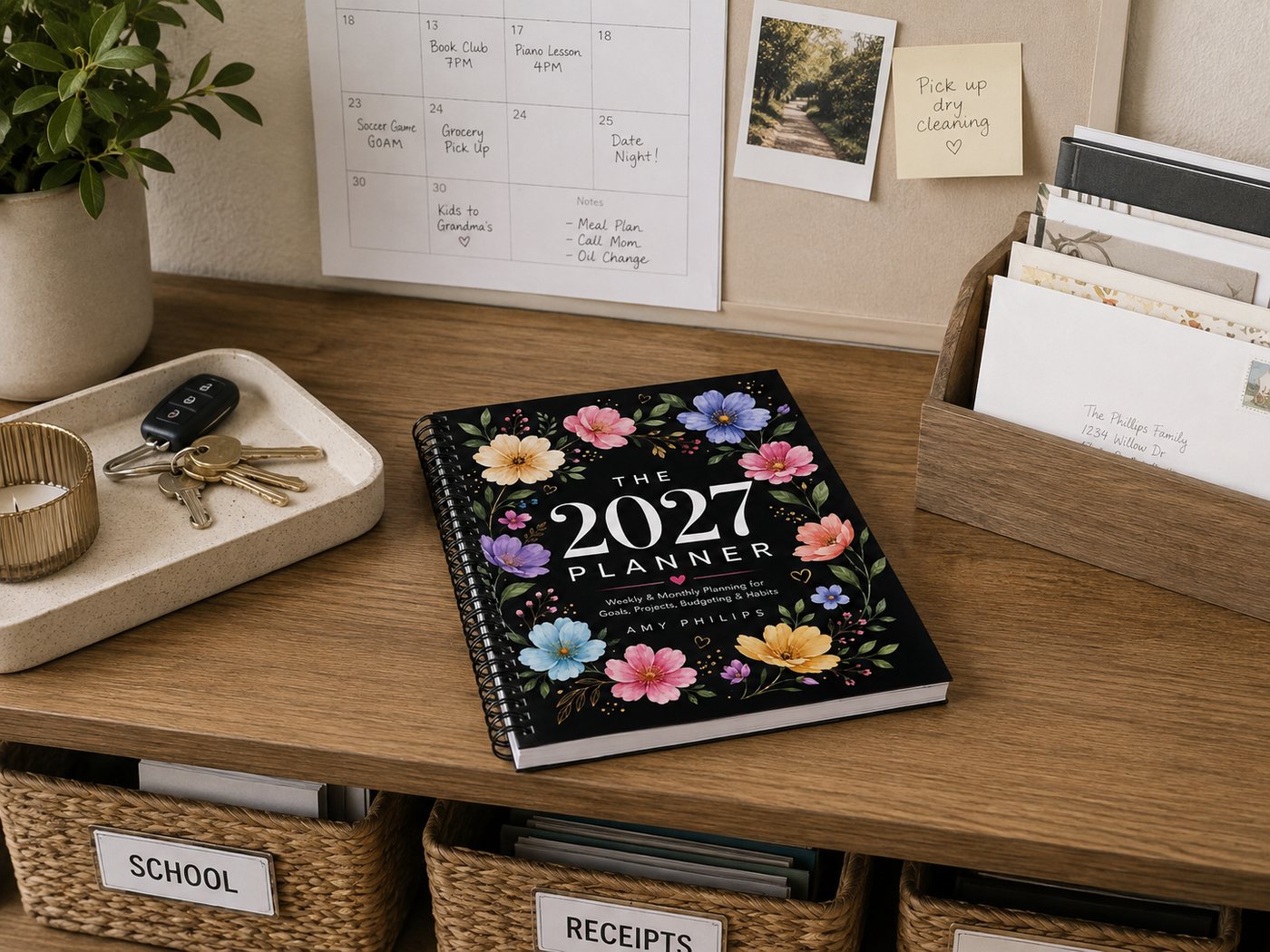 The 2027 Planner on a hall console beside a family calendar, keys and labelled baskets.