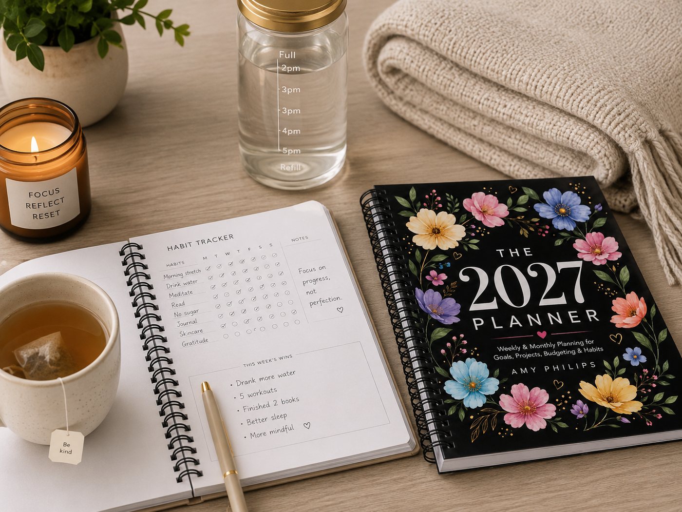 A habit tracker page filled in beside The 2027 Planner, tea and a candle.
