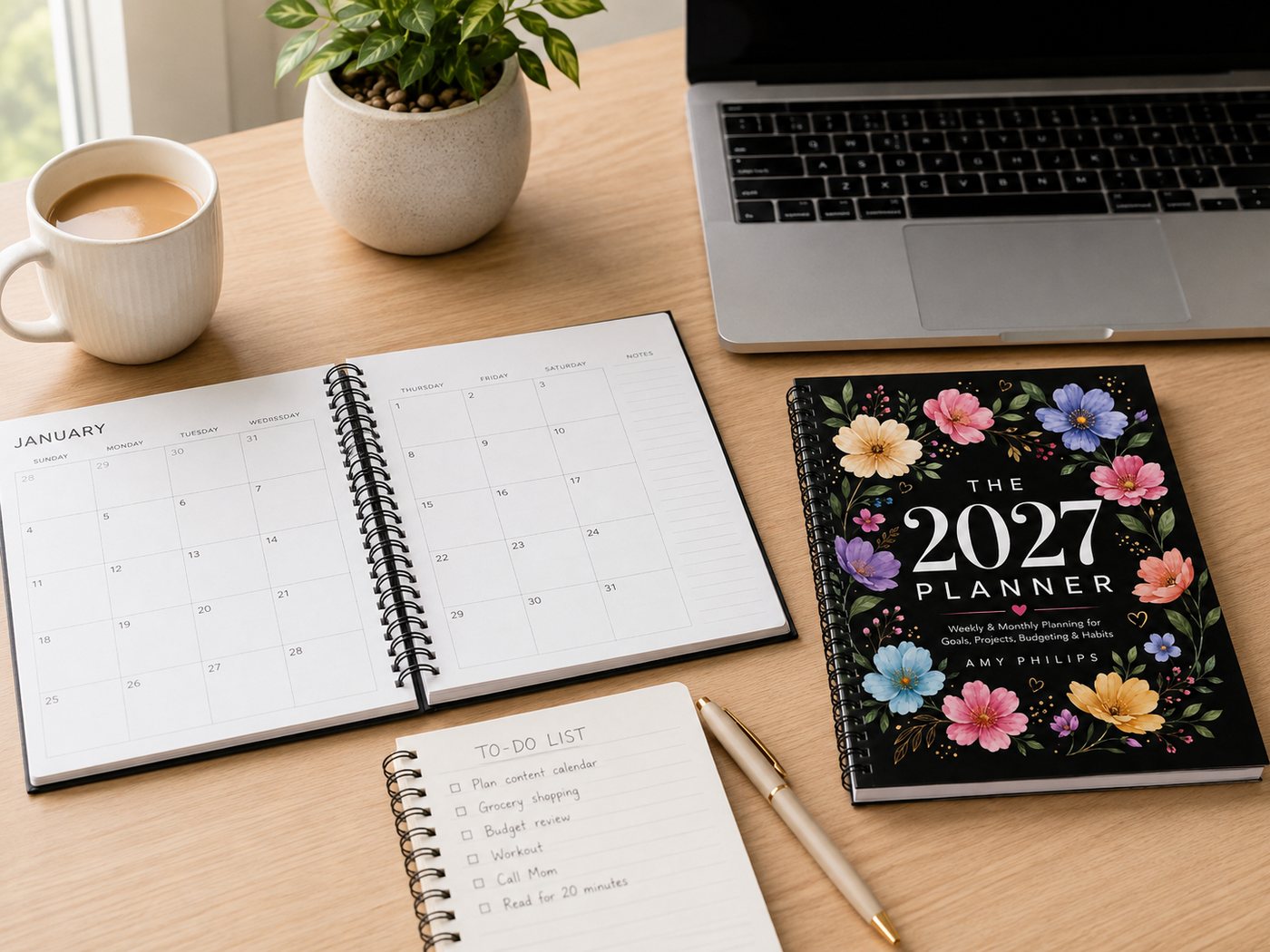 The 2027 Planner beside an open January spread and a short to-do list.