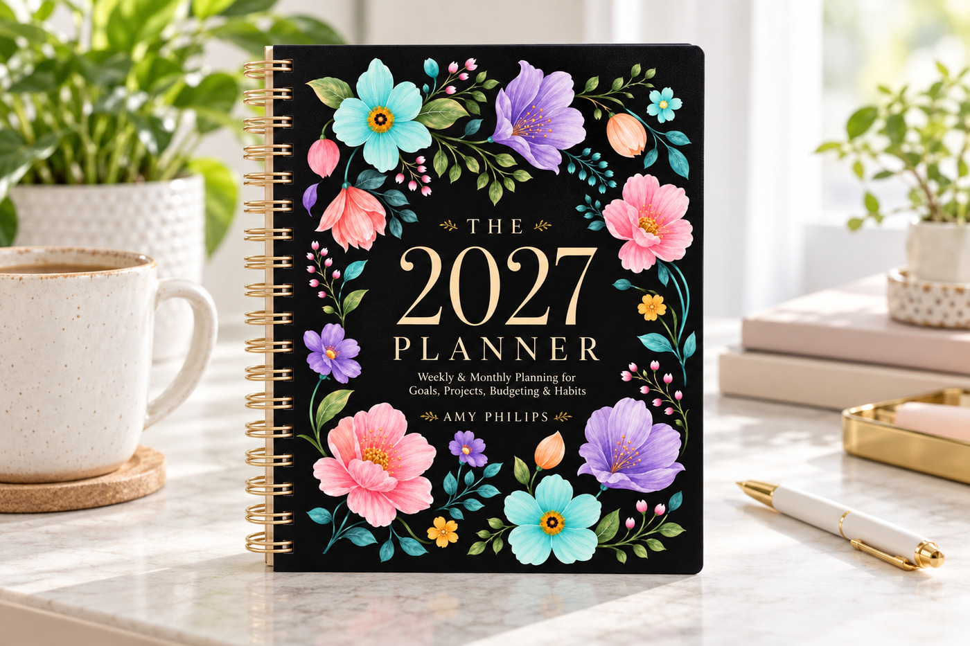 The 2027 Planner standing on a marble desk beside a coffee cup, a pen and a stack of notebooks