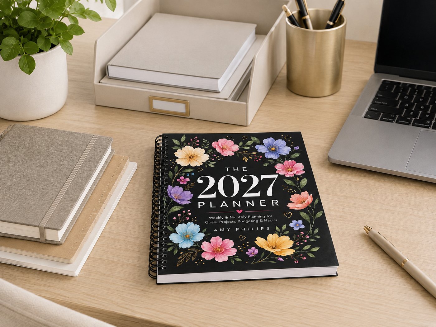 The 2027 Planner on a tidy desk beside notebooks and a laptop.