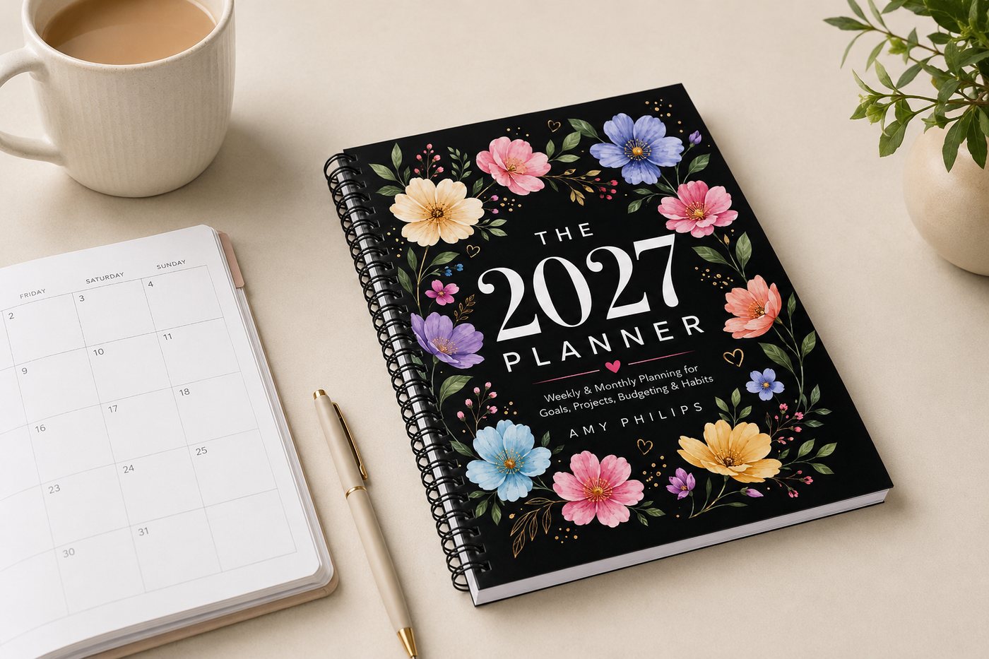 The 2027 Planner open at a monthly page beside a mug and a soft knit.