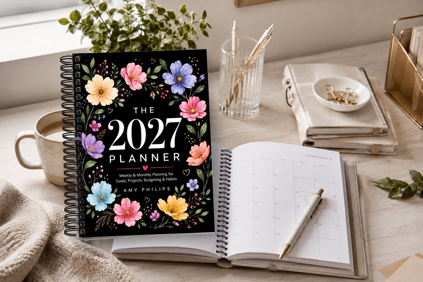 The 2027 Planner standing on an open monthly spread with a single pen.