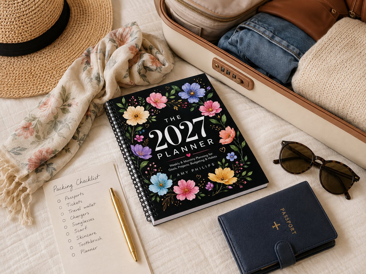 The 2027 Planner packed beside a suitcase and a handwritten packing checklist.
