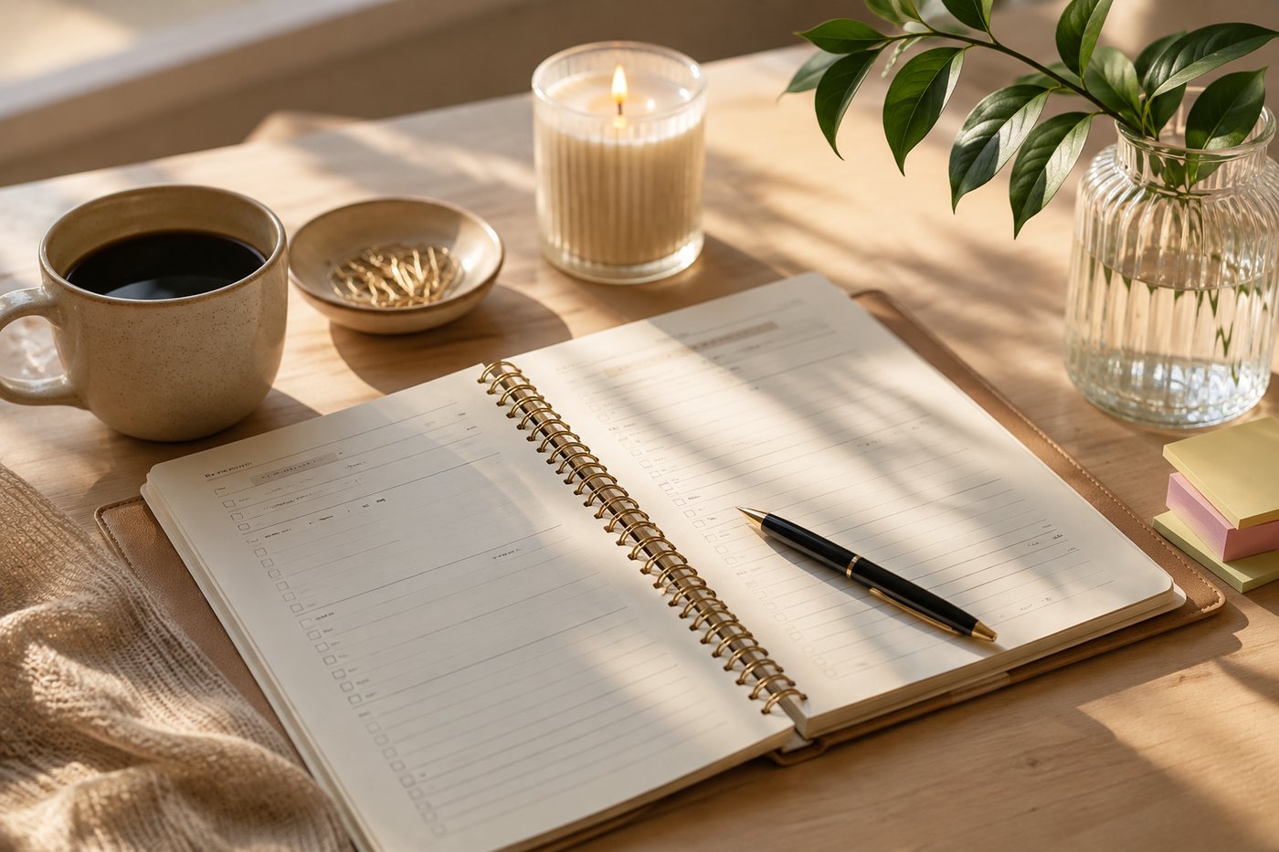 A planner open in soft daylight with only a few things written down.