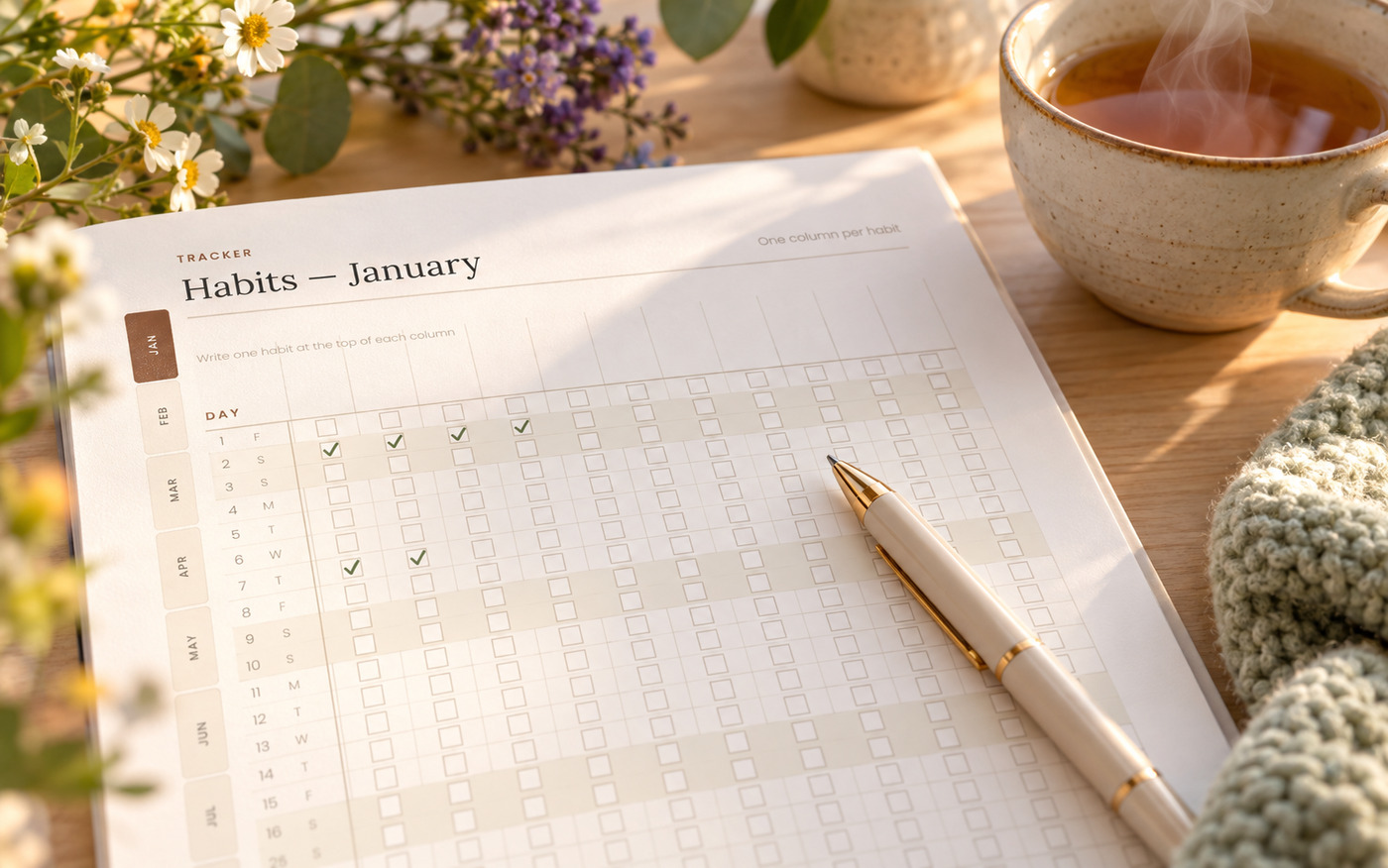 A habit tracker page in morning light, with only a few boxes ticked, a pen resting on it and a cup of tea beside it.