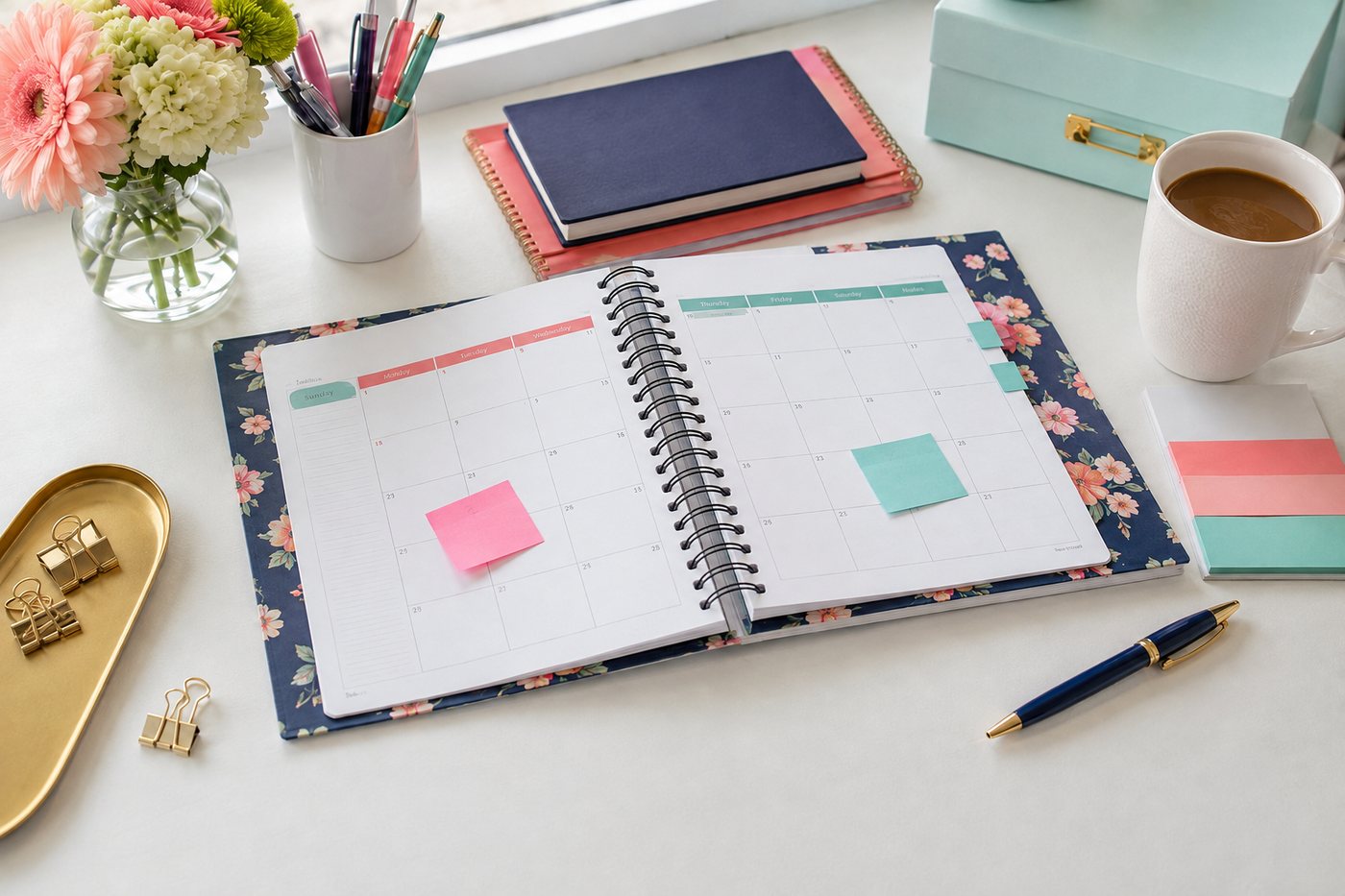 A monthly planner page marked up with coloured sticky notes.