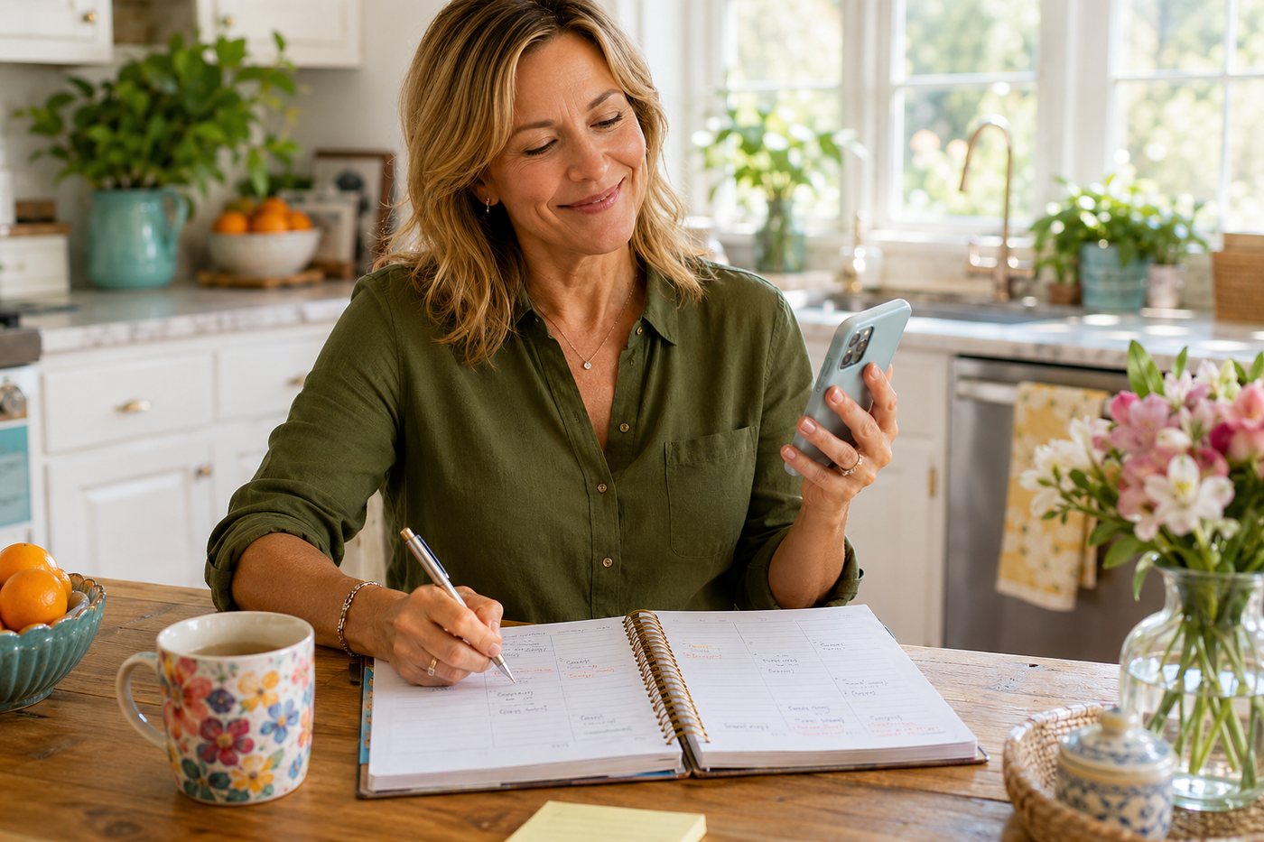 Copying dates from a phone into a weekly planner spread at the kitchen table.