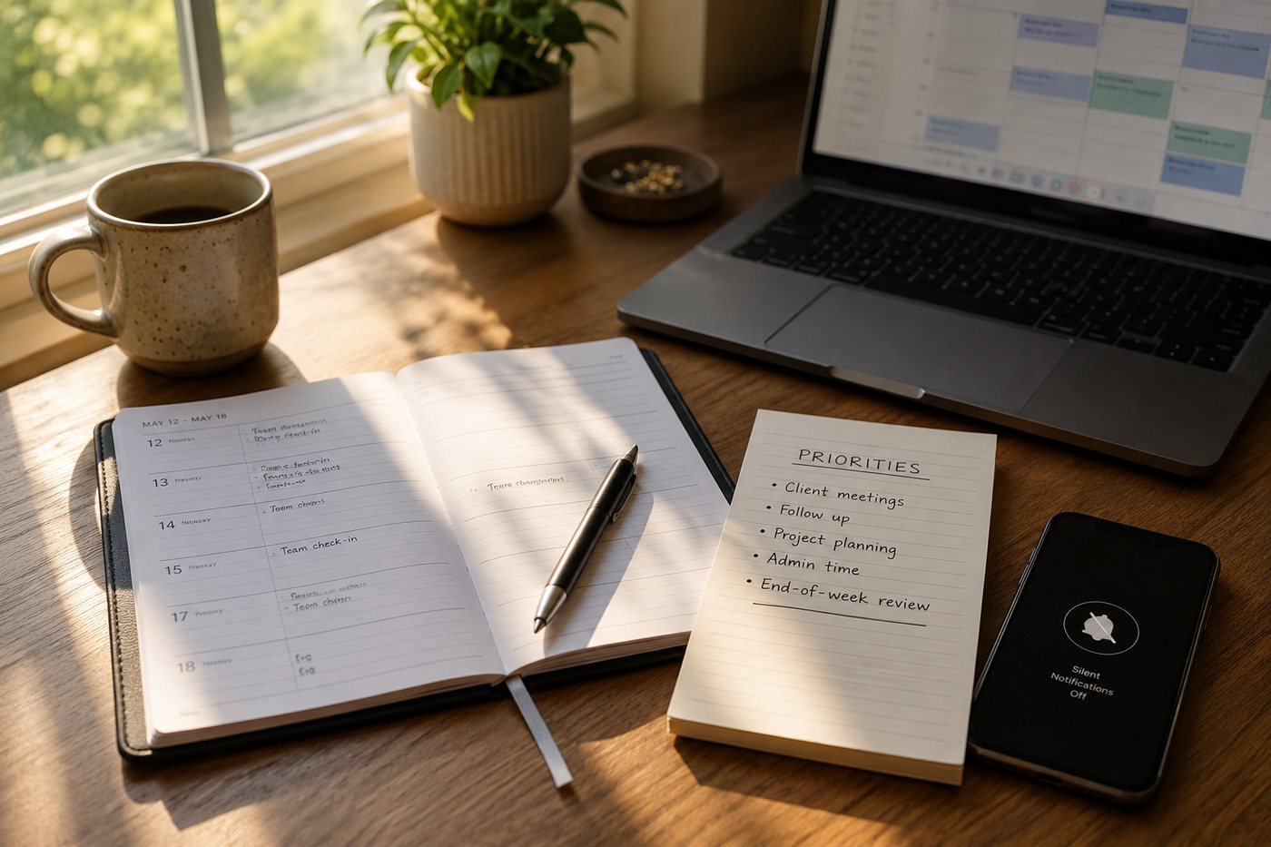An open weekly planner beside a short priorities list and a silenced phone.
