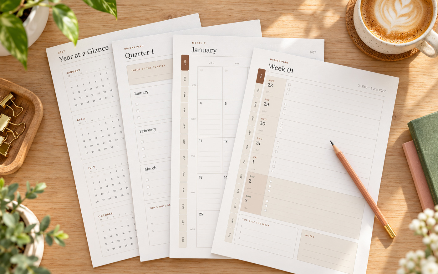 Four pages from the planner laid out in a fan on a desk: the year at a glance, the quarter plan, the January spread and the first week.
