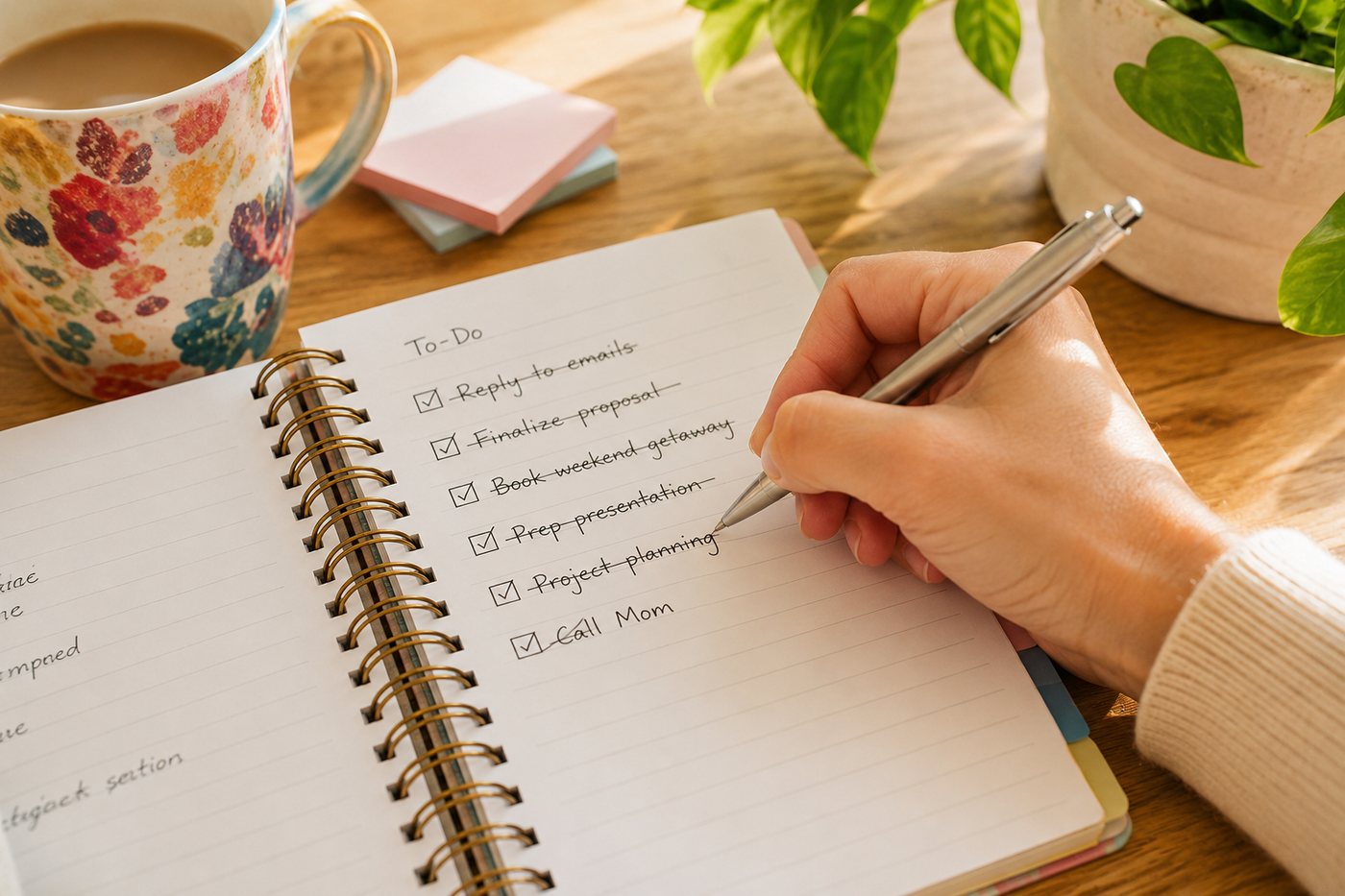 A hand crossing off the last item on a short to-do list.