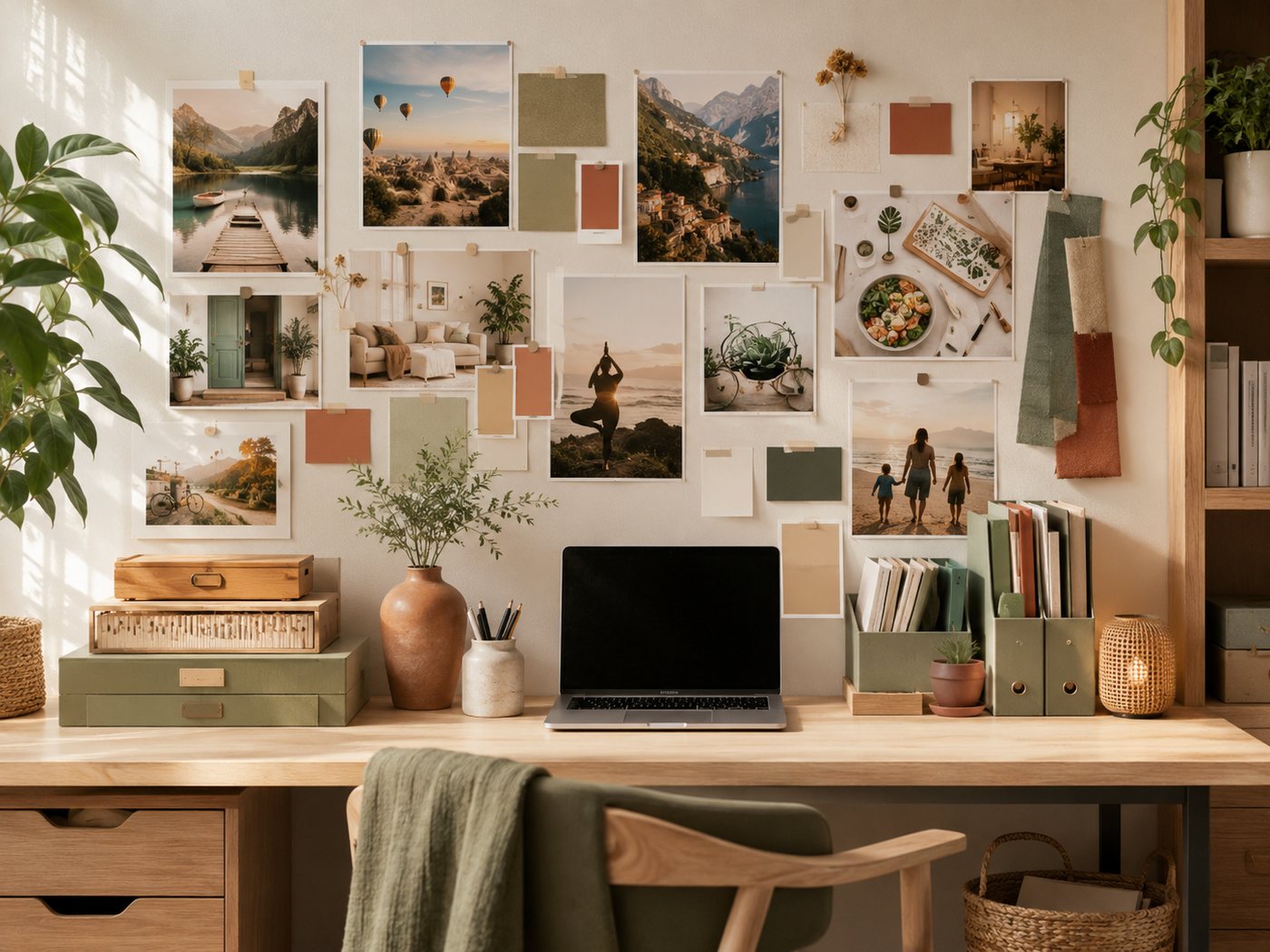 A vision board above a desk showing a small number of chosen directions.