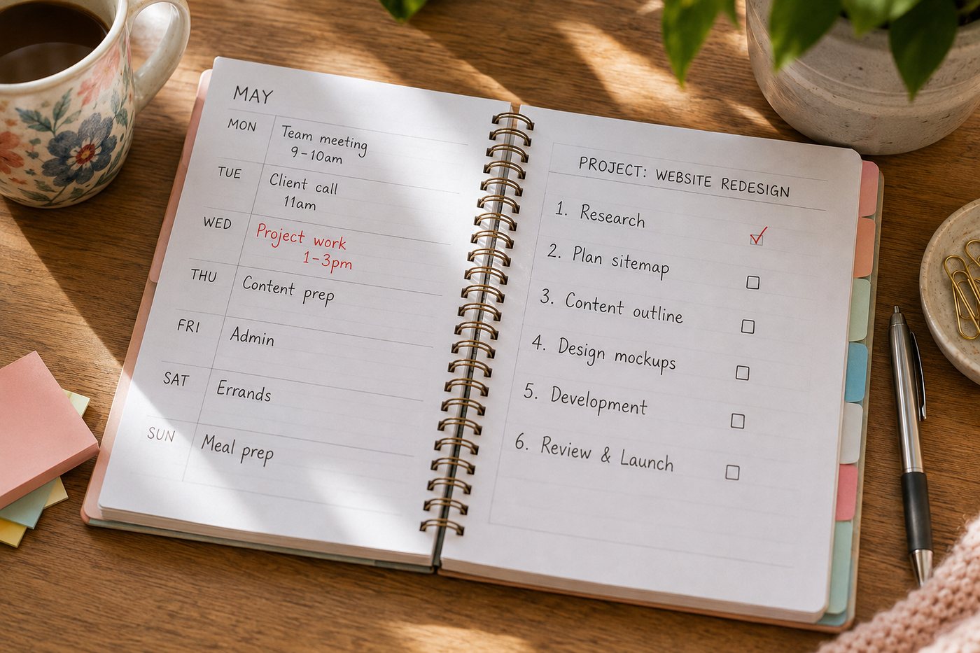 An open planner with the week on one page and a numbered project checklist on the other.
