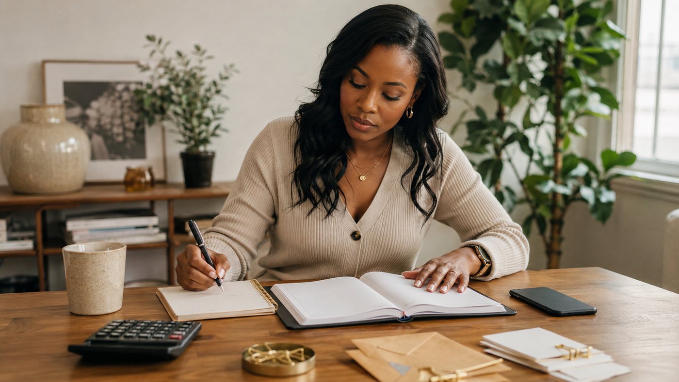 A woman working through her monthly figures at a desk with a calculator and envelopes.