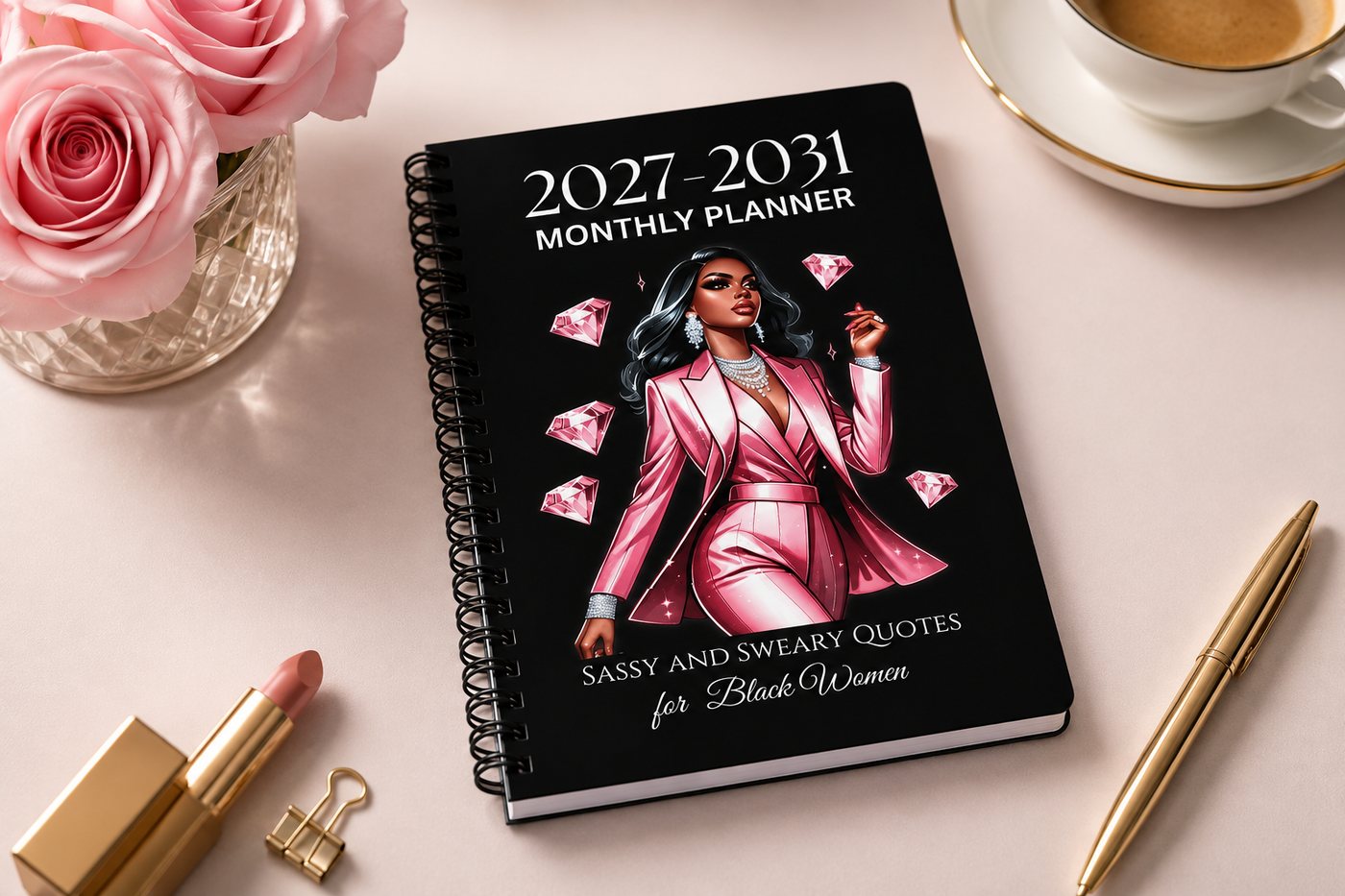 The 2027–2031 Sassy and Sweary Monthly Planner beside roses and a gold pen.