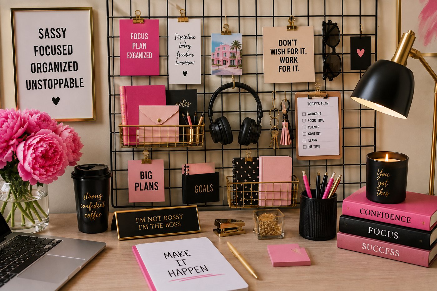 A pink and black desk board with a short daily plan and personal reminders.