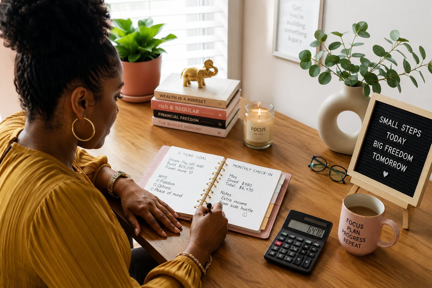 A woman writing a five-year goal and a monthly check-in at her desk.