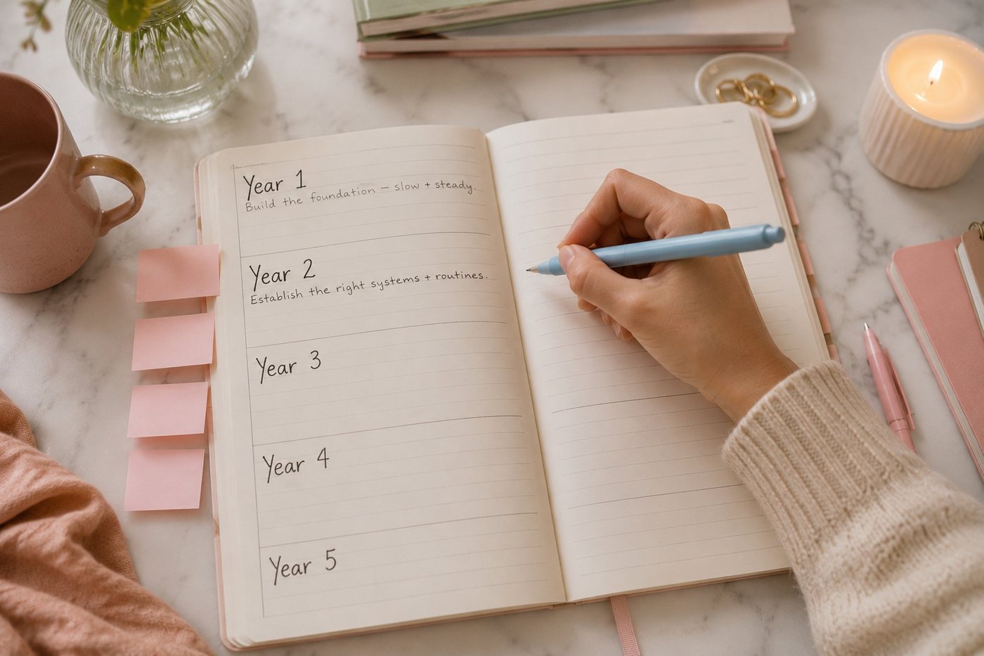 An open notebook with five years written as headings, a hand filling in the second one.