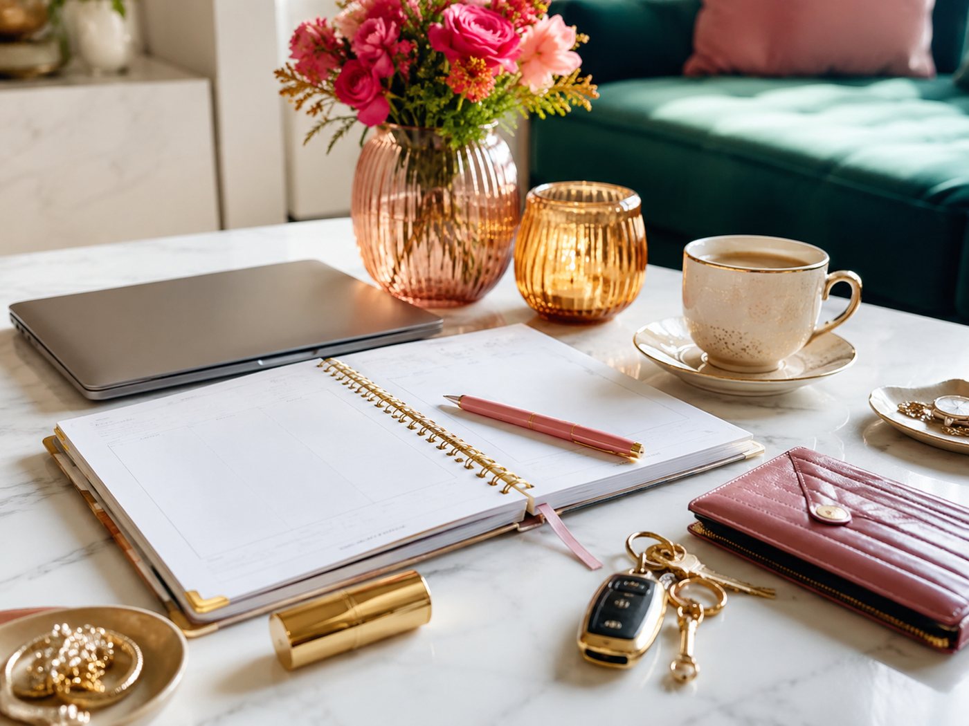 A planner open on marble beside keys, a wallet and a lipstick.