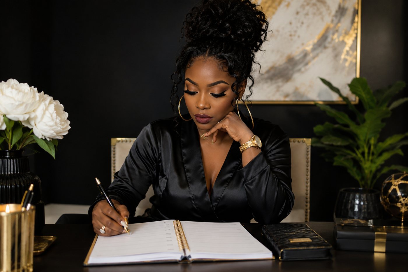 A woman writing her own goals at an elegant black and gold desk.