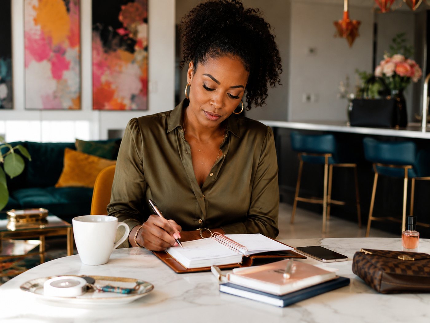 A woman writing in a planner at a marble table in a calm apartment.
