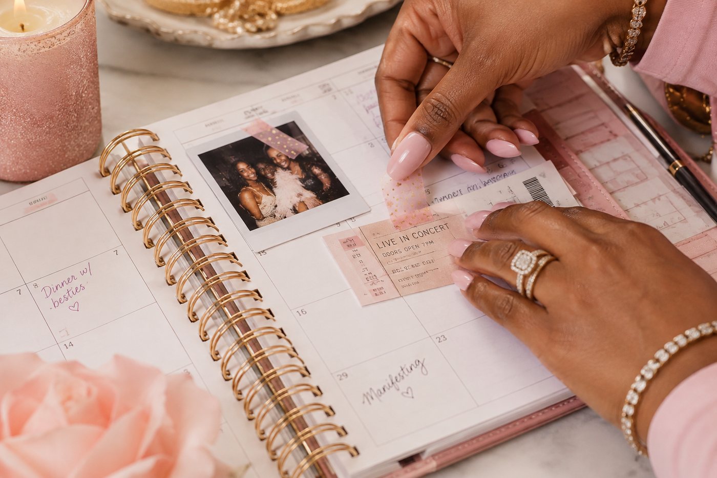 Taping a polaroid and a concert ticket into a monthly planner page.