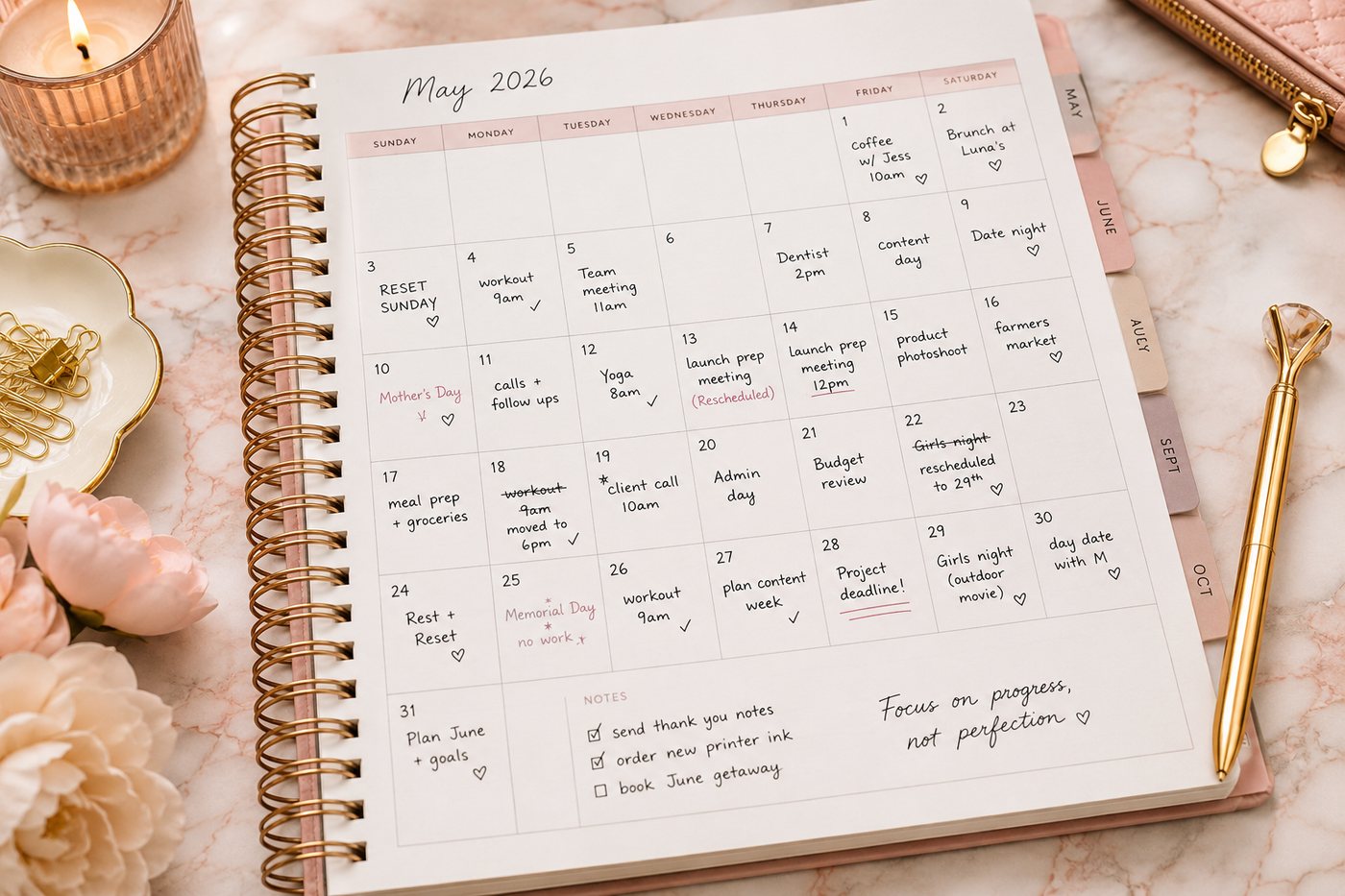 A filled-in monthly calendar page with rescheduled and completed entries.