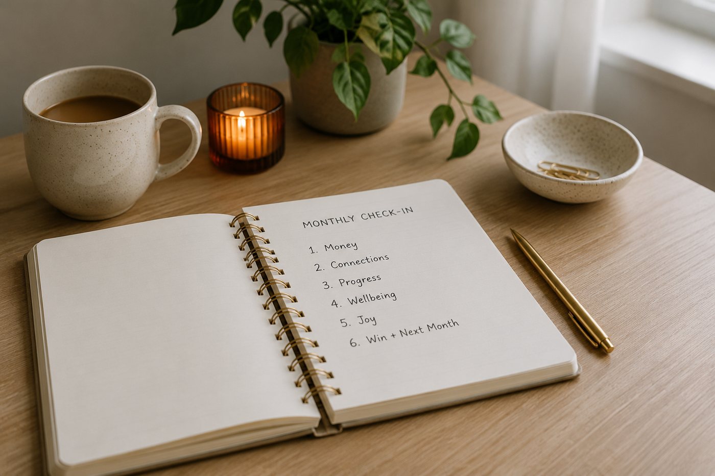 A handwritten monthly check-in list beside a candle, coffee and a plant.