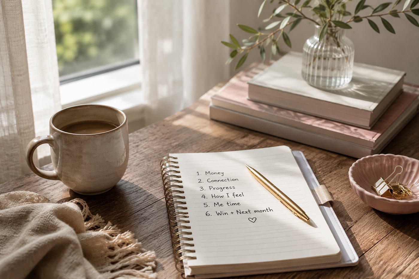 A monthly check-in list written in morning light beside a cup of coffee.