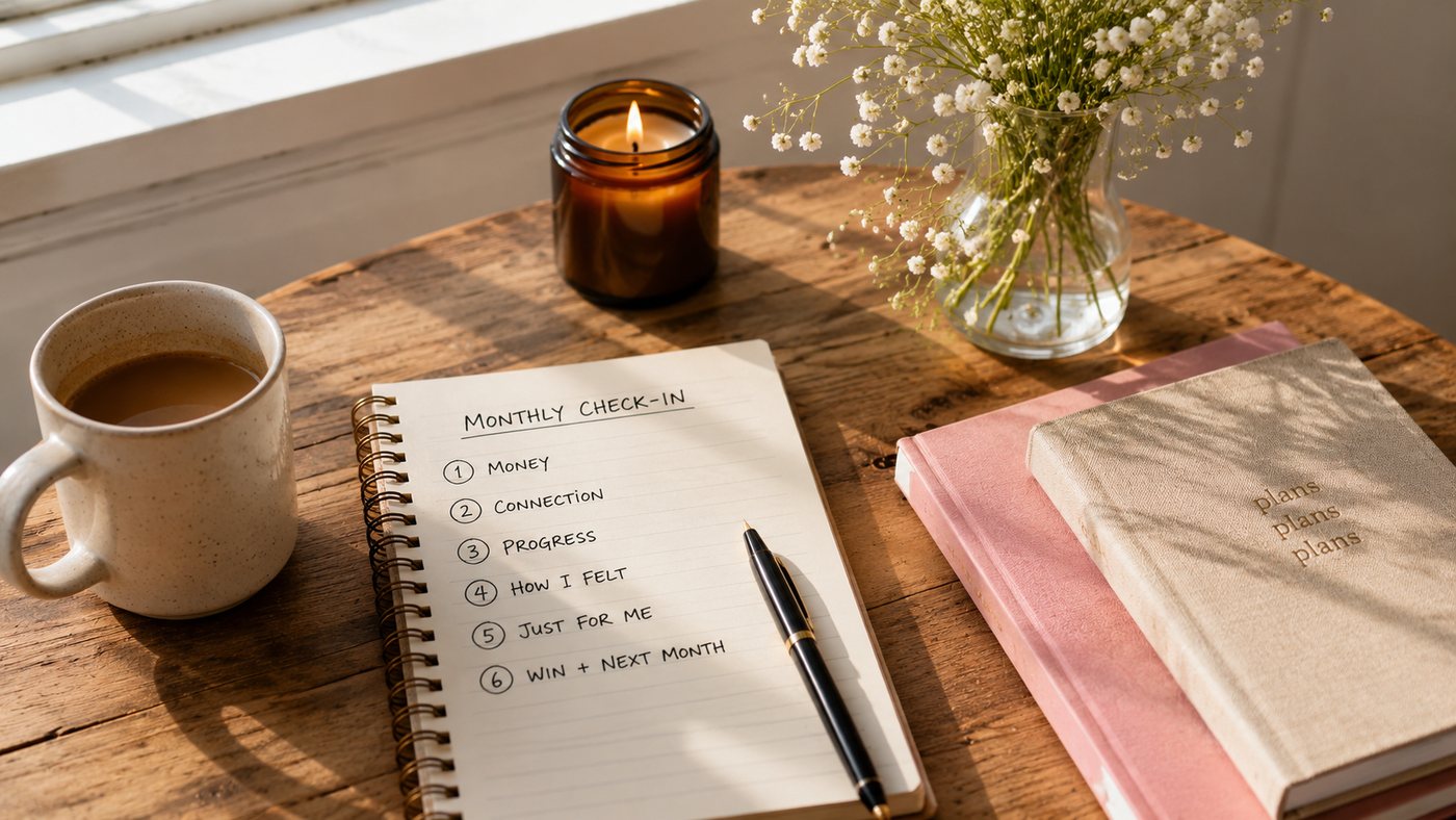 A monthly check-in list on a rustic table in window light.