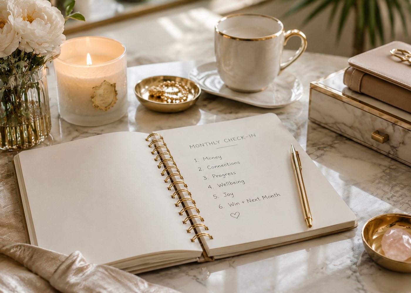 An open notebook with a monthly check-in list, beside coffee, a candle and flowers.