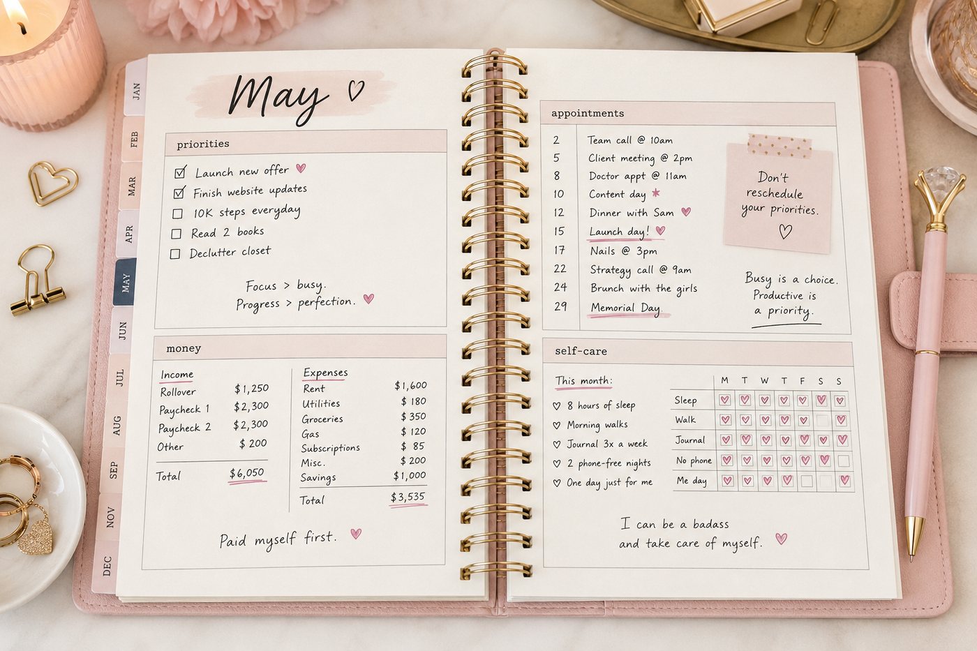 An open monthly spread with priorities, money and self-care sections filled in.
