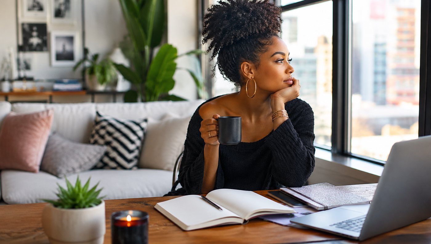 A woman pausing at her desk with a mug before starting the month.