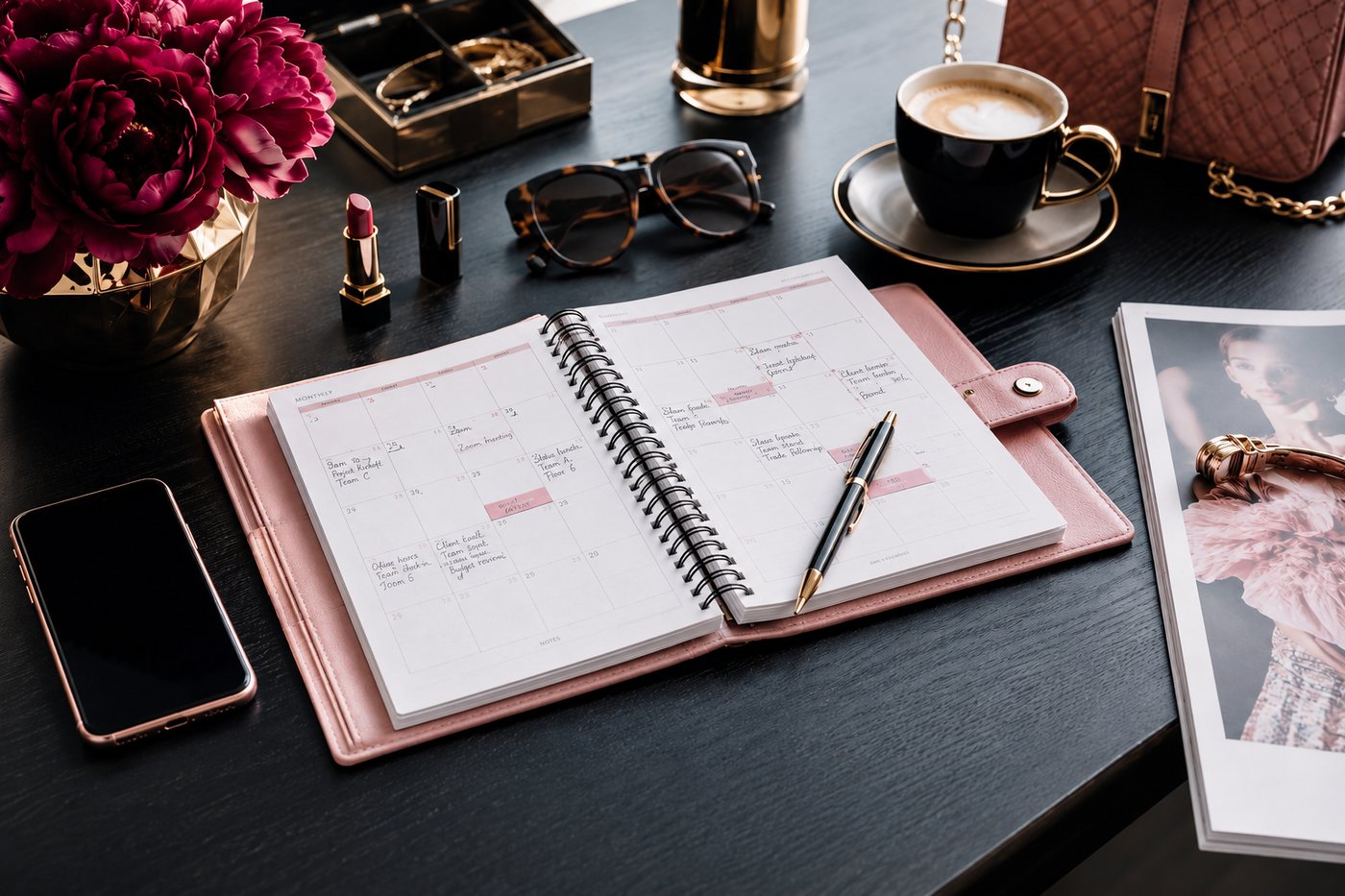 A pink planner open at a monthly spread on a black desk.