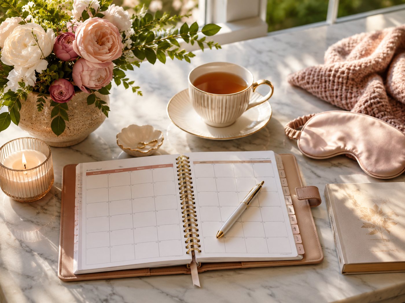 A rose gold planner open on marble beside tea and a sleep mask.