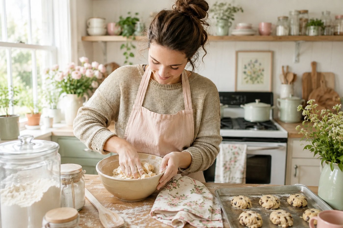 Mixing dough in a bright kitchen with a tray of cookies ready to bake.
