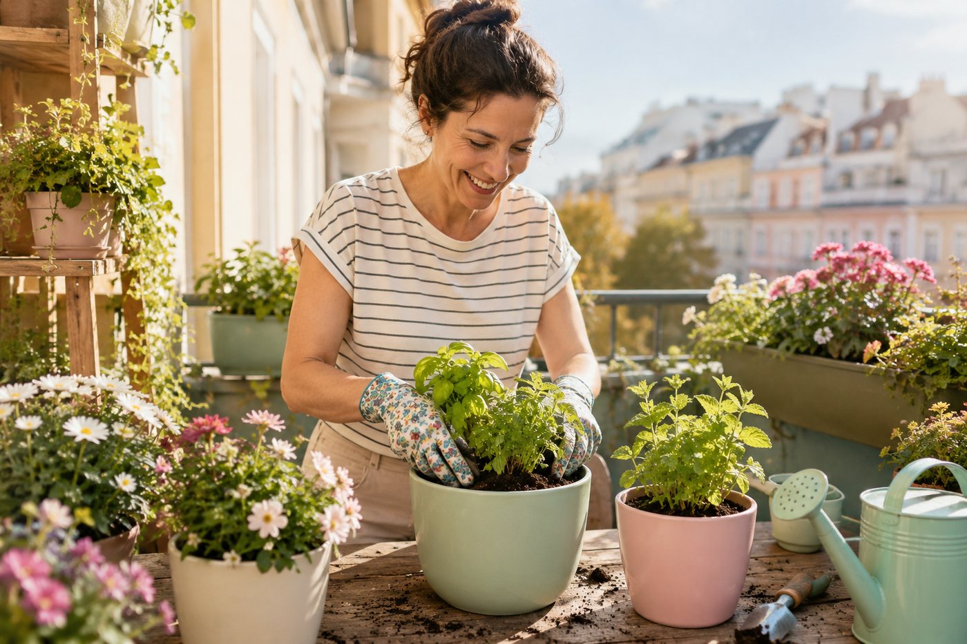 Planting herbs into pots on a sunny city balcony full of flowers.