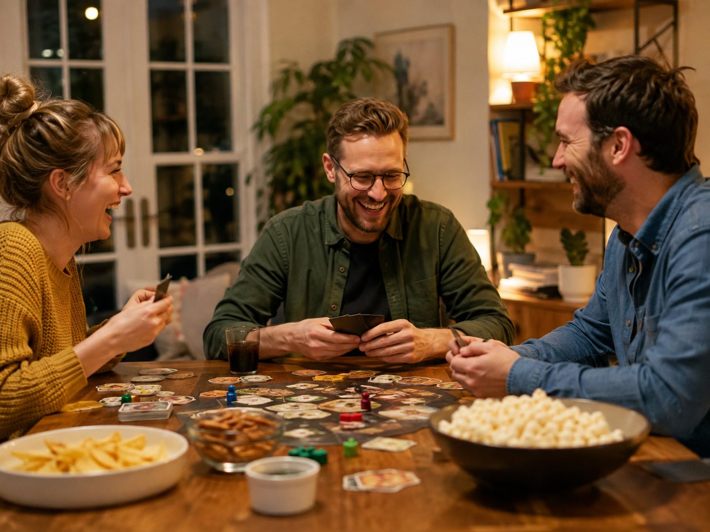 Three friends laughing over a board game with snacks on the table.
