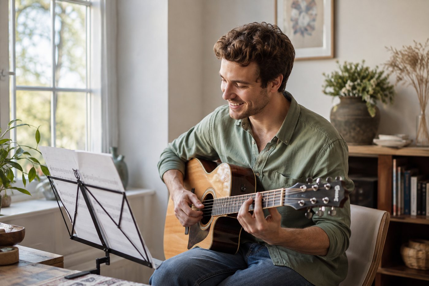 A man playing acoustic guitar from sheet music beside a bright window.
