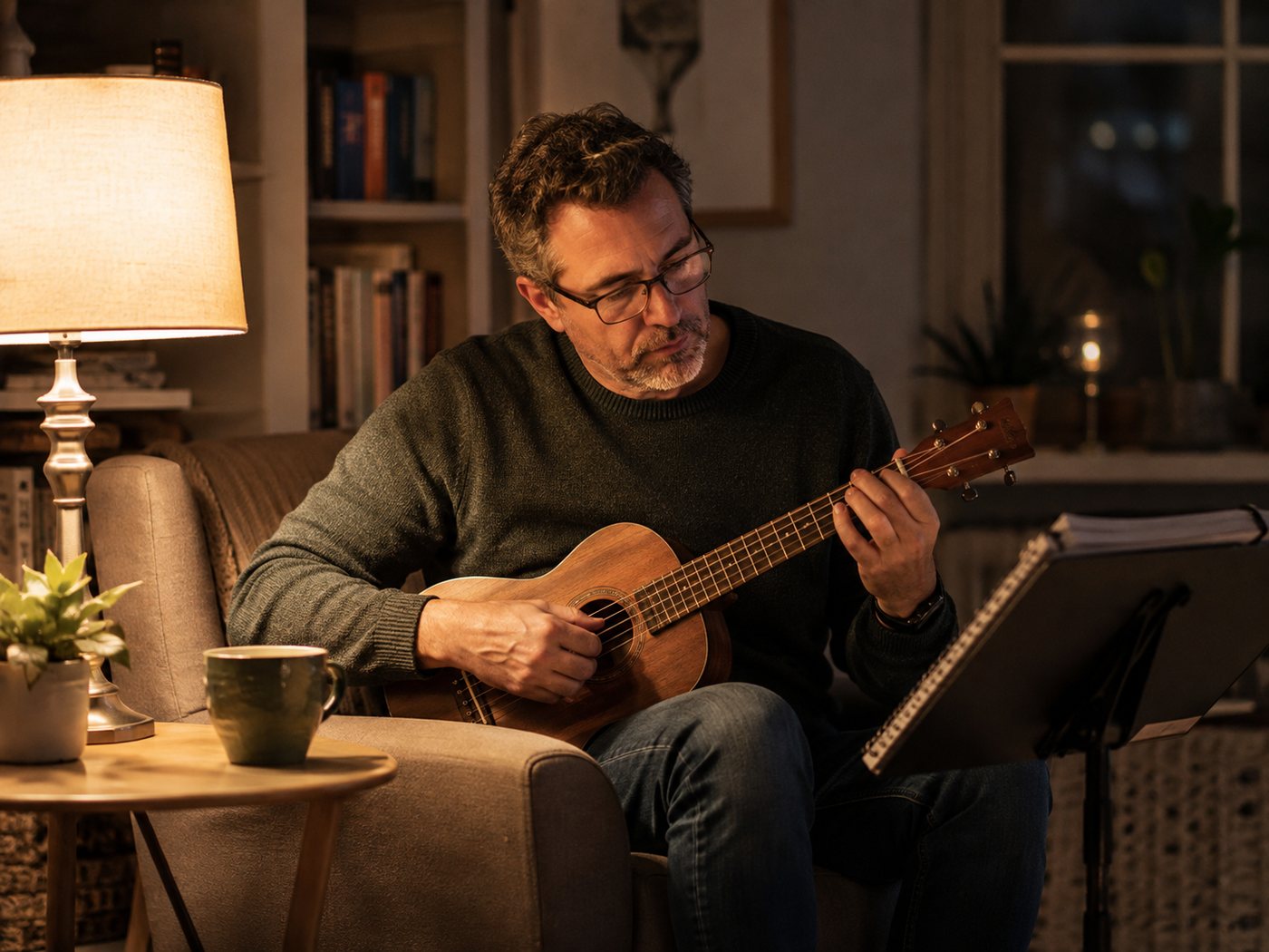 A man playing guitar beside a lamp with sheet music on a stand.