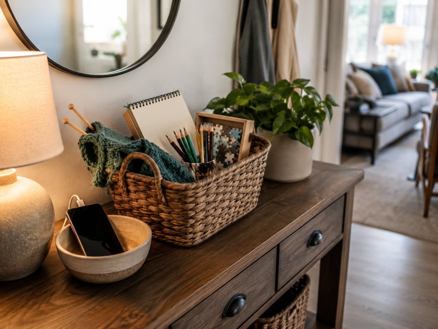 A hall table where the phone charges in a bowl and a basket of knitting and pencils sits beside it.