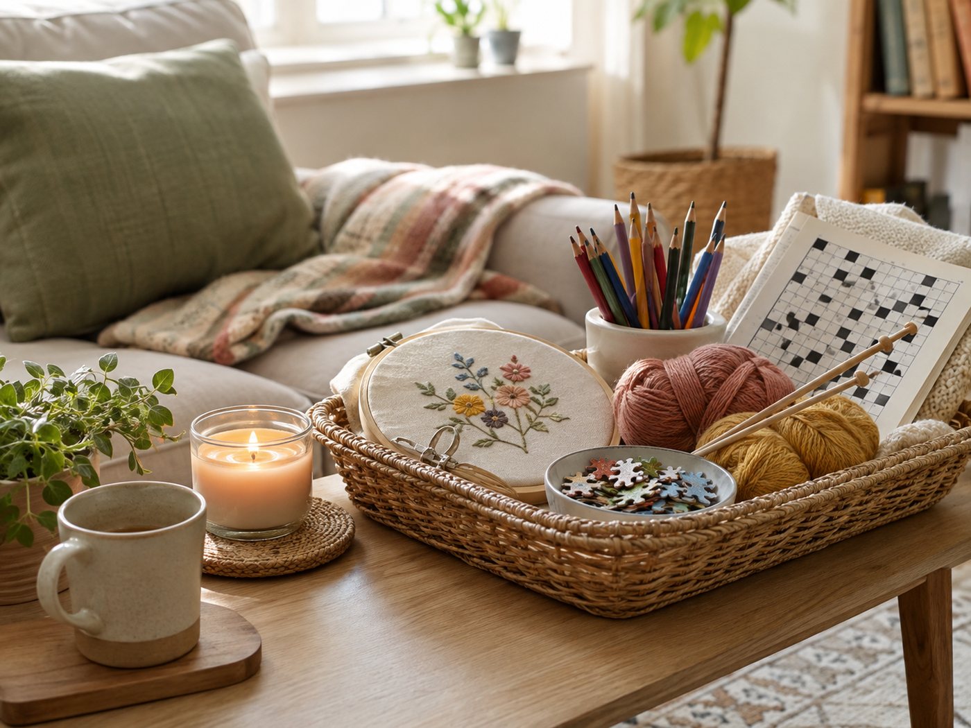 A basket of embroidery, yarn, coloured pencils and a crossword left ready on a coffee table.