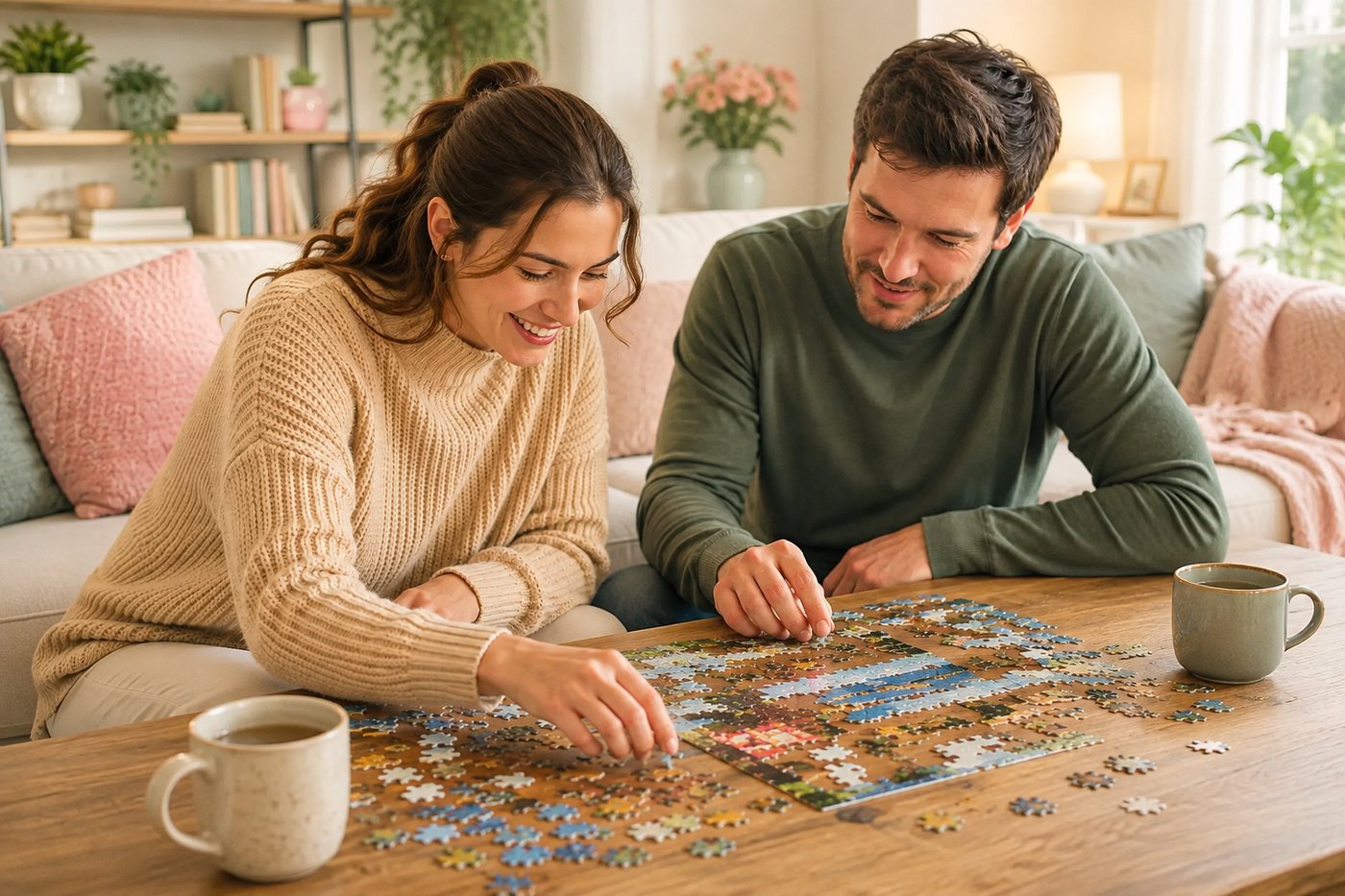 Two people working on a jigsaw at the coffee table with mugs alongside.