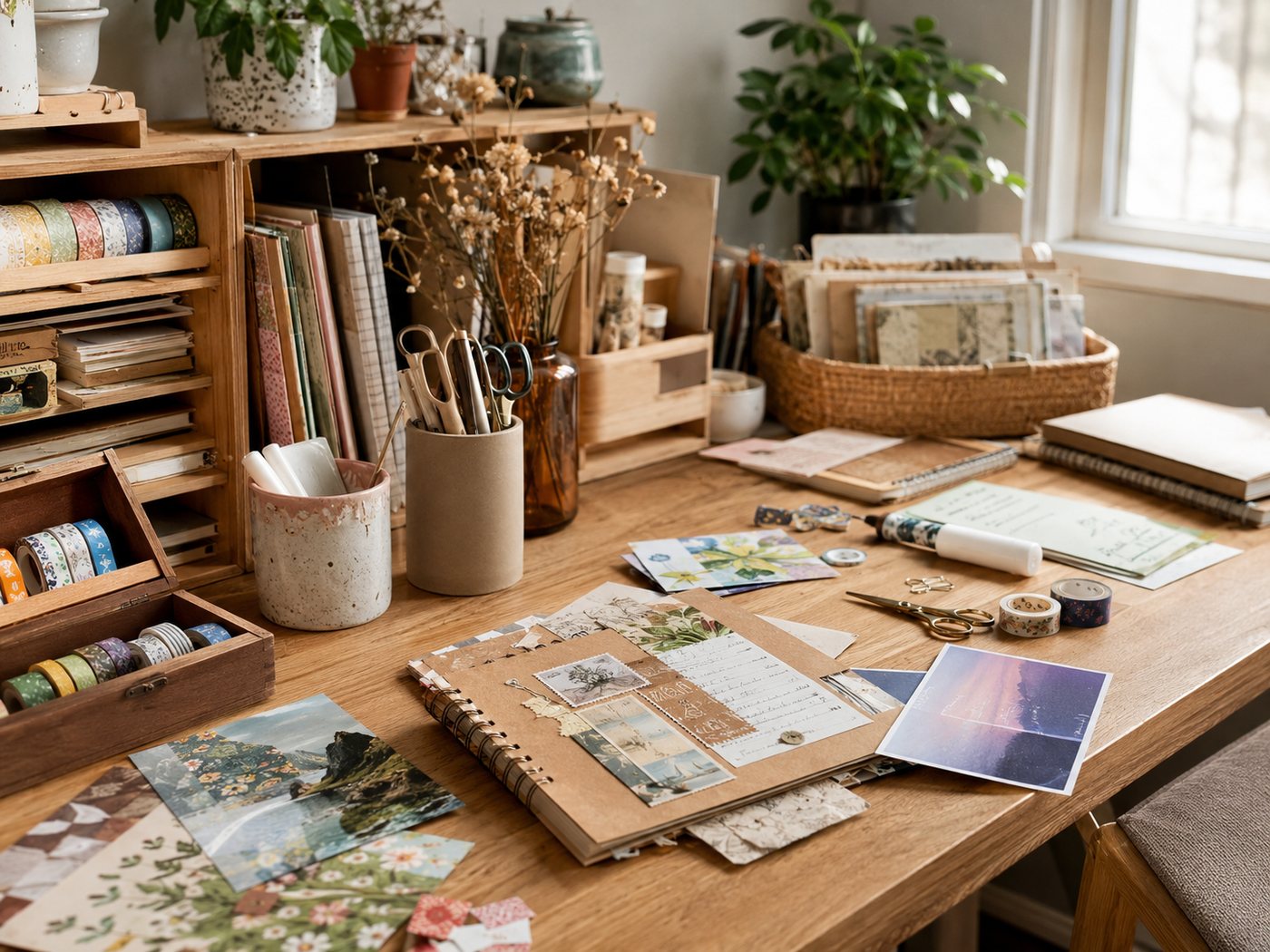 A journaling desk with washi tape, cuttings and glue ready to use.