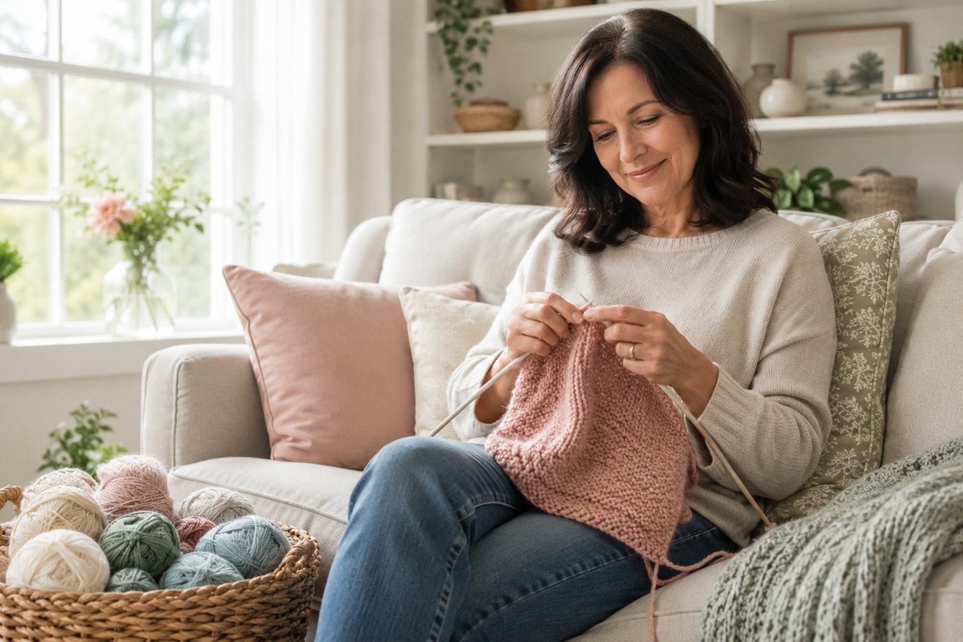 Knitting a pink panel on a sofa beside a basket of pastel yarn.